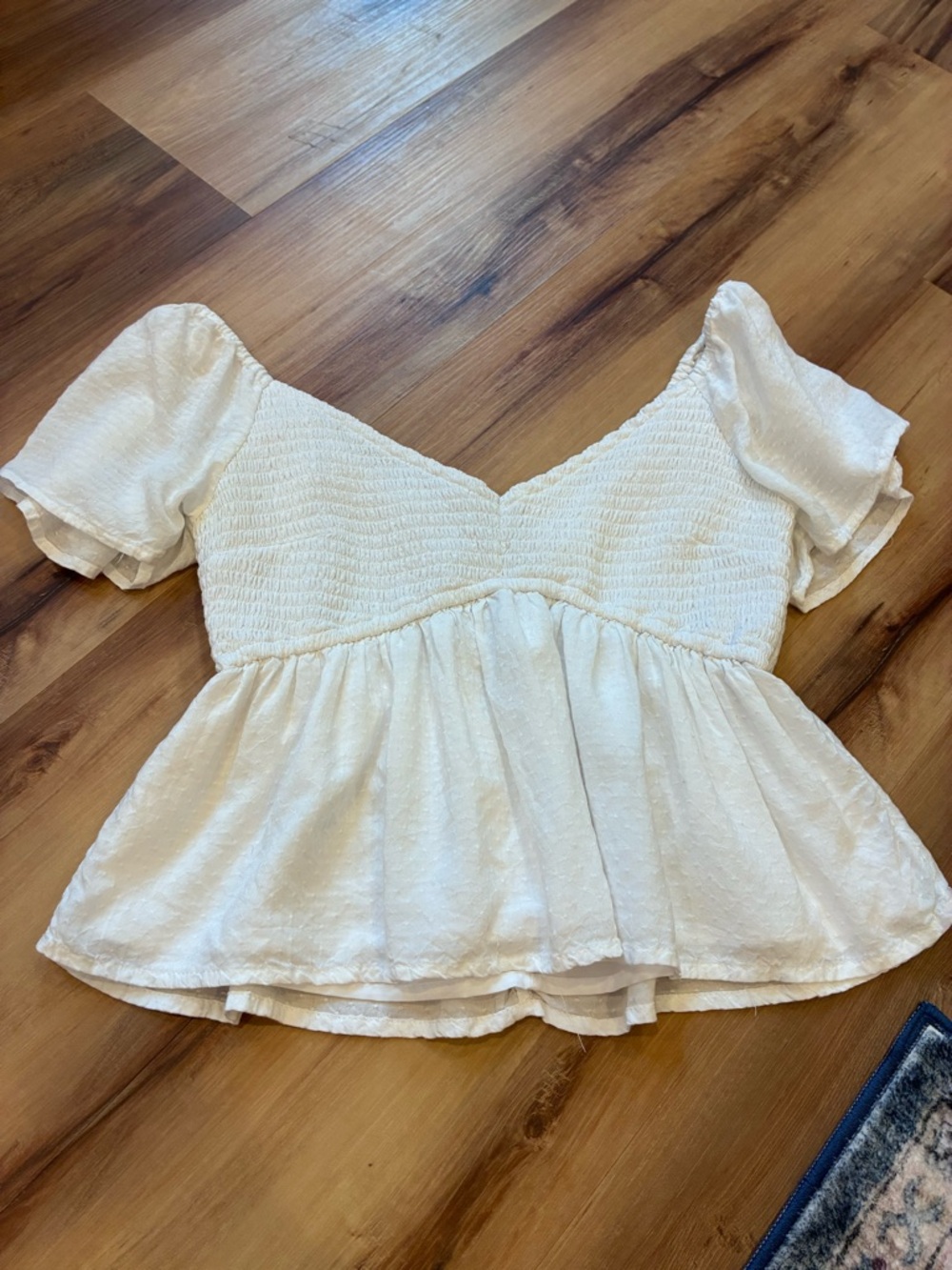 Hollister Ivory Smocked V-Neck Puff Sleeve Peplum Top